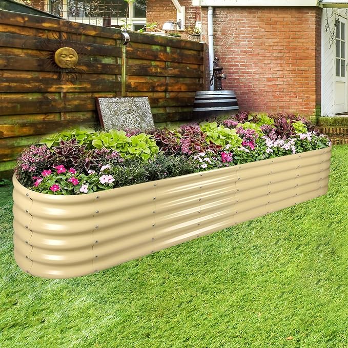 Land Guard 8×2×1.5ft Galvanized Raised Garden Bed Kit Raised Garden Boxes Outdoor Oval Metal Raised Garden Beds for Vegetables Cream Yellow