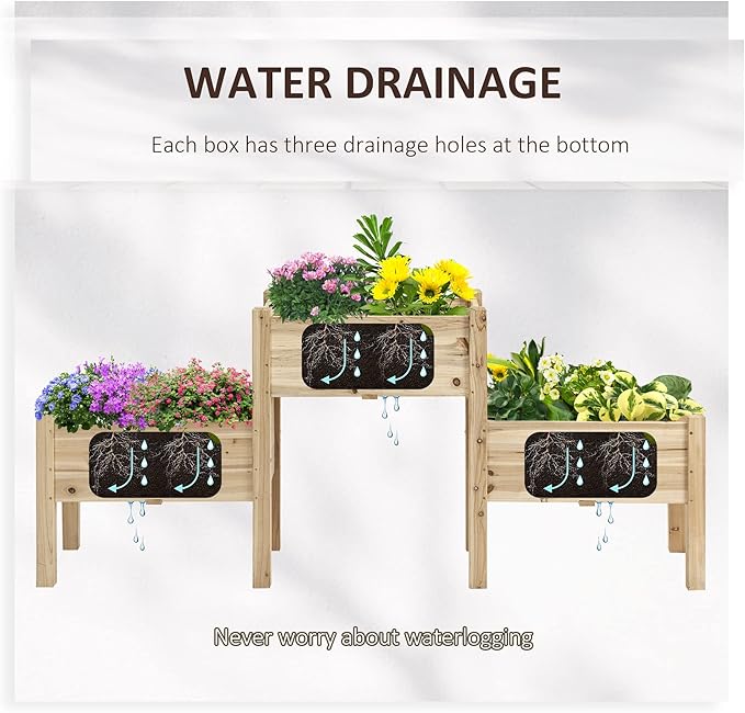 Raised Garden Bed with 3 Planter Boxes Two-Tier Elevated Wooden Plant Stand with Drainage Holes for Vegetables Herbs and Flowers Natural Wood