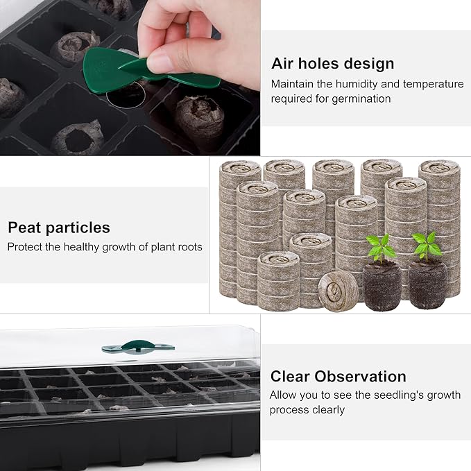 4 Pack 24-Cells Seed Starter Tray Kit Germination Tray with Humidity Dome and Base Plant Growing Kit Germination Starter Including Peat Pellets Plant Labels Tool for Indoor Outdoor Black