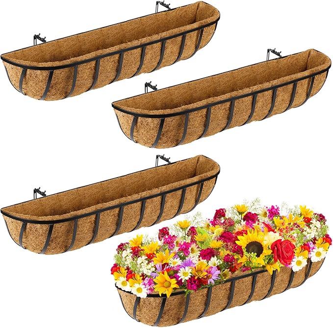 Tessco for you 4 Pieces Railing Planter Boxes 30 Inches Window Box Planters with Coco Liner and Adjustable Brackets for Deck Porch Fence Patio Balcony Gardening Outdoor Plants