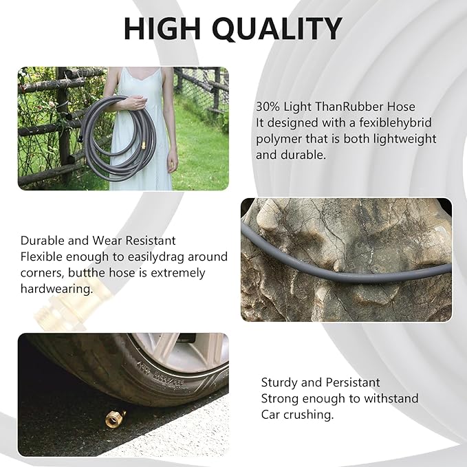 Garden Hose 5/8 x 25ft - Brass Rubber Heavy Duty Water Hose 600 PSI Burst Pressure Durable Flexible Hose for Yard Car Wash Pets Gray