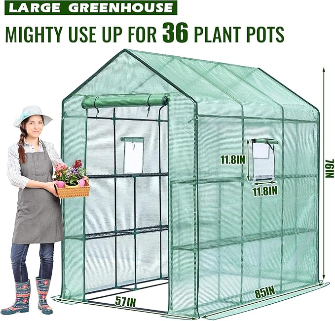 Greengro Greenhouse 57 x 85 x 76'' Greenhouses for Outdoors Portable Greenhouse Kit with Mesh Side Windows PE Cover 8 Shelves Heavy Duty Walk in Green House for Backyard Garden Indoor Outside