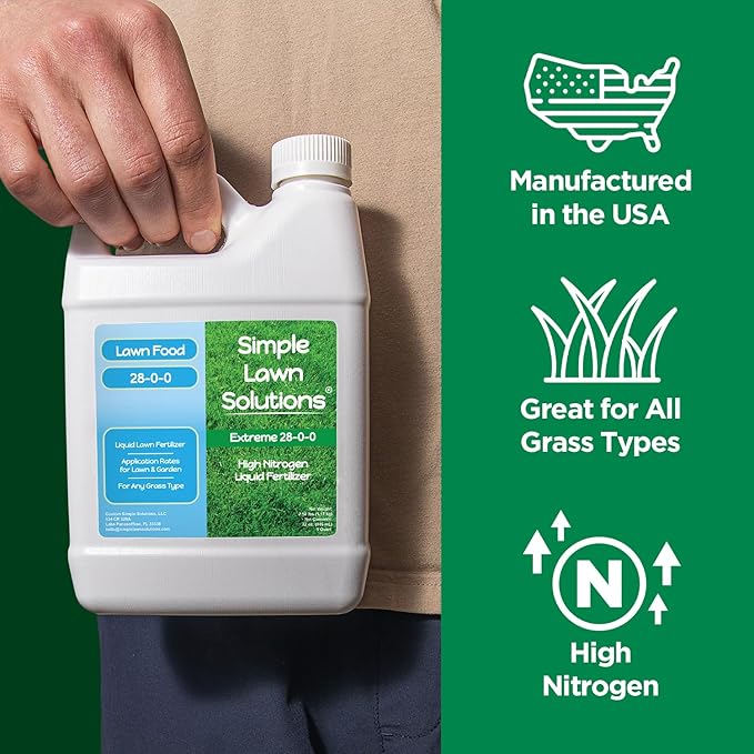 Maximum Green &amp Growth- High Nitrogen 28-0-0 NPK- Lawn Food Quality Liquid Fertilizer- Spring &amp Summer- Any Grass Type- Simple Lawn Solutions - Concentrated Quick &amp Slow Release Blend (1 Q