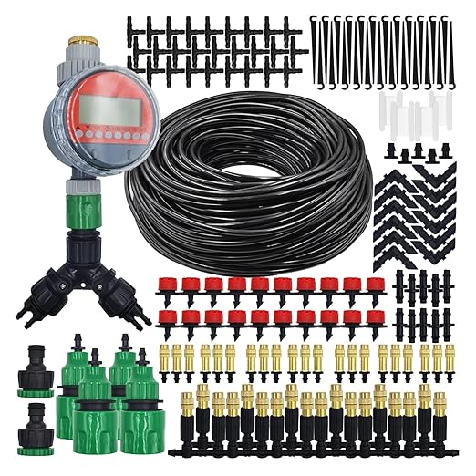 Garden Supplies 5-50M Garden Micro Drip Irrigation Automatic Watering System Kit Timer Controller DIY Mist Spray Cooling for Potted Plants Nozzle(Pink)