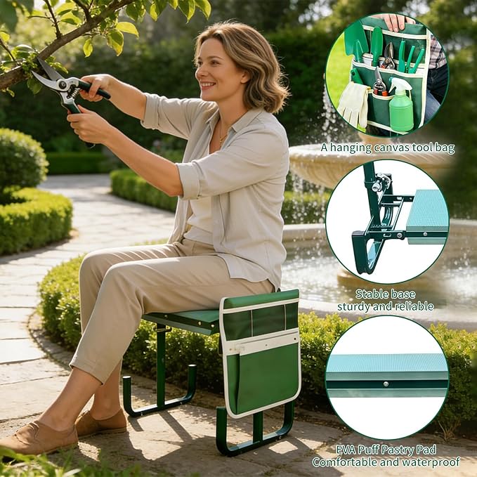 Adjustable Garden Kneeler and Seat Foldable Garden Kneeler and Seat with Wider Kneeling Pad and 2 Tool Pouches Height Adjustable Heavy Duty Gardening Stool