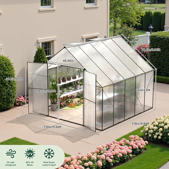 Green House for Outside Greenhouse for Outdoor Walk-in Garden Greenhouses Heavy Duty Polycarbonate Greenhouse Backyard Green Houses (10x10)