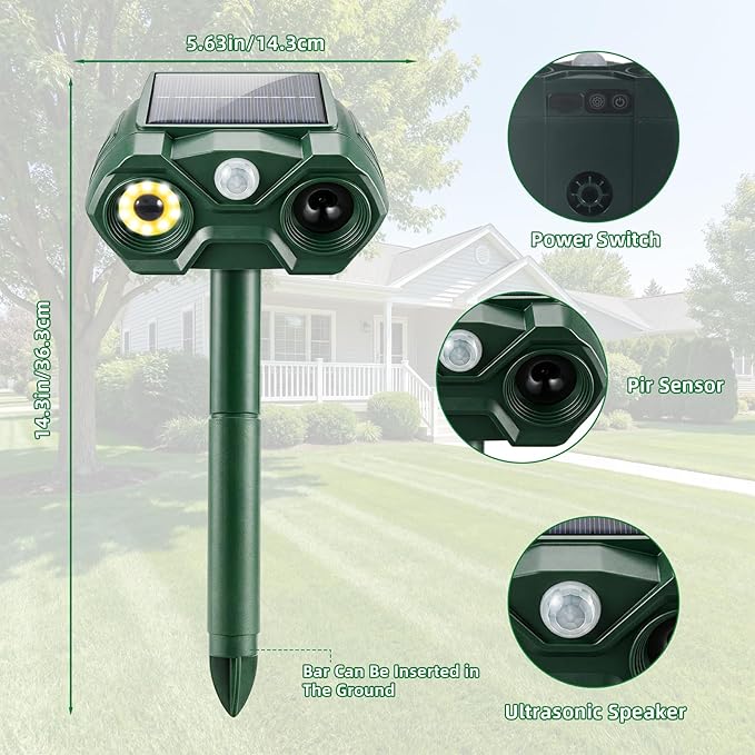 4 Pcs Solar Animal Repellert Outdoor Supplement USB Rechargeable Cat Repeller Outdoor Squirrel Rabbit Fox Adjustable Frequency Deer Repellent Devices with Light and Motion Detection