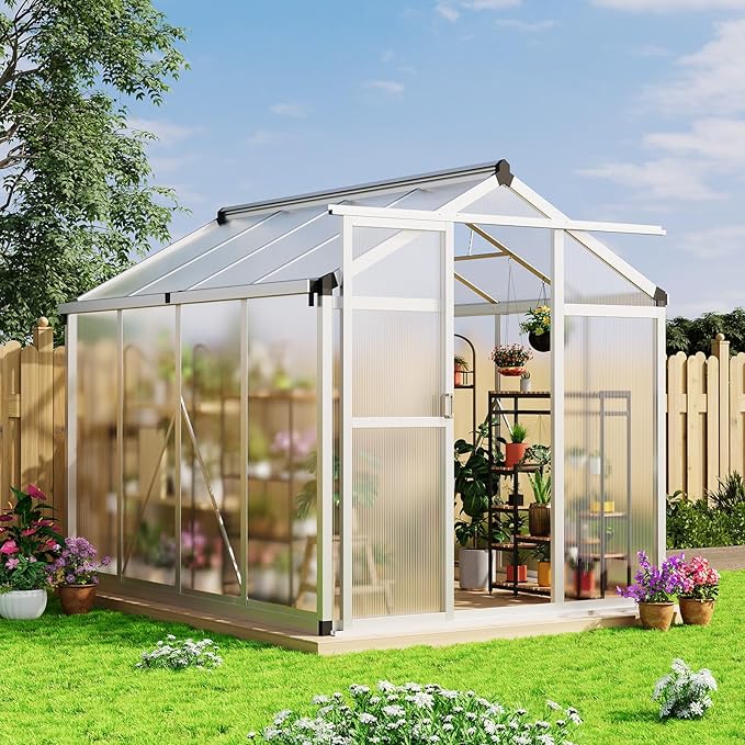 6x8 FT Greenhouse - Large Aluminum Greenhouses for Outdoors Heavy Duty Polycarbonate Greenhouse with Roof Vent&ampGround Nails Walk-in Green Houses for Garden Backyard Patio Easy Assembly