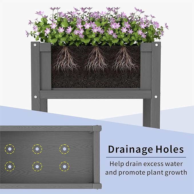 HDPE Raised Garden Bed with Legs All-Weather Outdoor Planter Box Easy to Assemble Drainage System Low Maintenance Non-Fading for Flower/Herb/Seed (Grey)