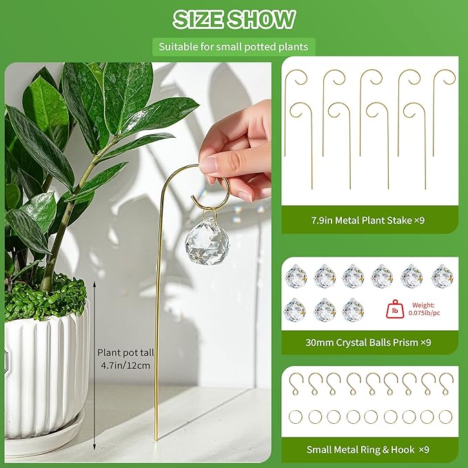 13 Pack Small Golden Trellis for Potted Plants Indoor Garden Decorations (Crystal Ball Prisms &amp Blown Glass Butterfly)