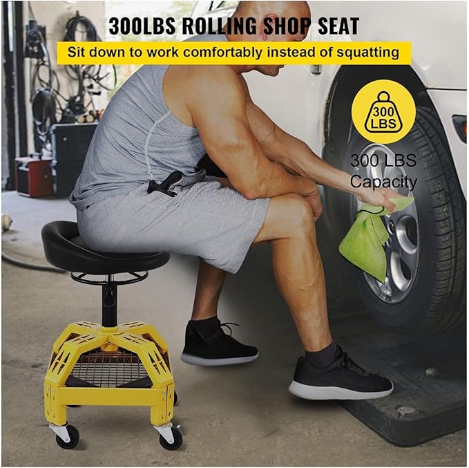 Rolling Garage Stool 300Lbs Capacity Adjustable Height 24 28.7In 360 Swivel Wheels Tool Tray for Workshop Auto Repair