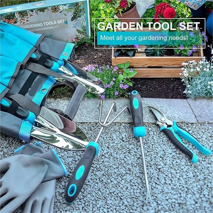 Gardening Tools Set 10 Piece Heavy Duty Stainless Steel Garden Tools Set with Ergonomic Rubber Handle Variety of Gardening Hand Tool
