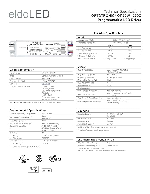 eldoLED | 2743YN OPTOTRONIC OT 50W 1250C Programmable LED Driver | Replacement for OSRAM 79371 OT50W/UNV/1250C/2DIMLT2/P6