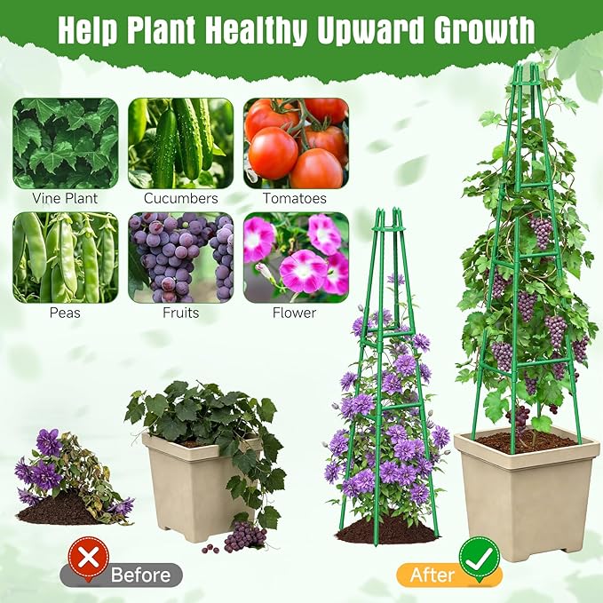 2 Pack 64 Tall Adjustable Obelisk Garden Trellis for Climbing Plants Rust-Proof Pe Coated Metal Plant Trellis Support for Raised Beds Potted Vines Cucumbers Tomatoes Indoor Outdoor Use (2 Pack)