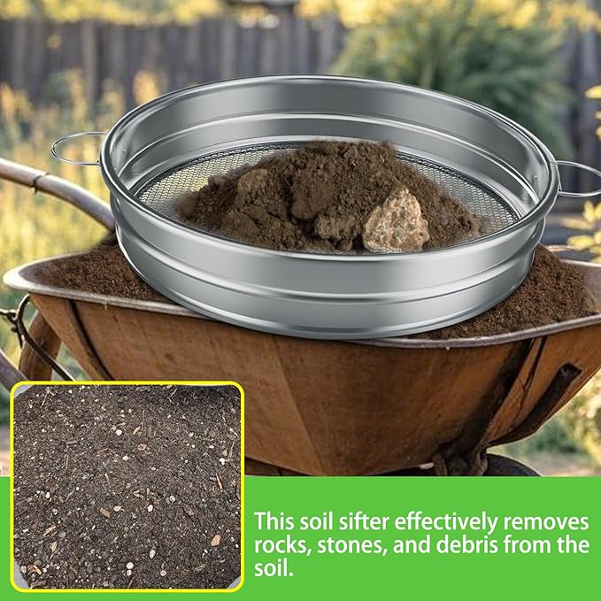 19“ Large Soil Sifter with Handle for Gardening Dirt Sifter Compost Sifter Rock Sand Sifter Wheelbarrow Sifter Garden Soil Sieve Metal Gravel Pellet Worm Sifter Heavy Duty Bin Outdoor