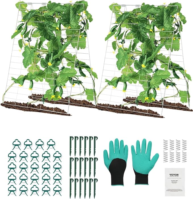 VEVOR Cucumber Trellis for Climbing Plants 35 H x 55 W Foldable Cucumber Trellis Set with Plant Clips Metal Garden Trellis for Raised Bed Outdoor Plant Grow Support for Tomato Vegetable(2 Pack)