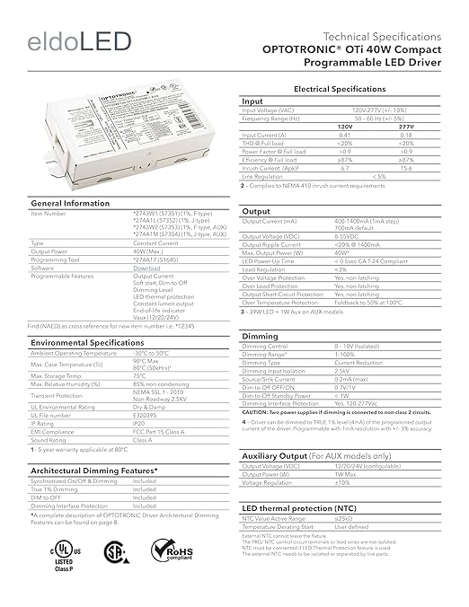 eldoLED | 274A1L OPTOTRONIC OTi 40W Compact Programmable LED Driver | Replacement for 57352 Osram | Oti40W/120-277/1A4/DIM-1/J