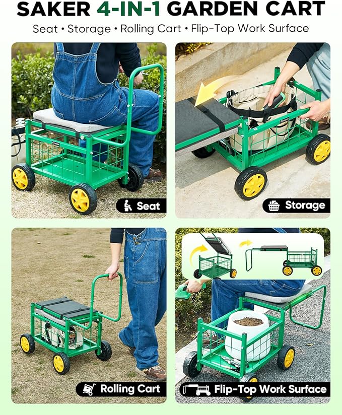 Saker Rolling Garden Cart with Seat &amp Wheels - 15.7'' EVA Padded Rolling Stool 500 lb Steel Frame Large Storage Basket - Garden Wagon Workseat for Patio Lawn Yard (Luxury Version)