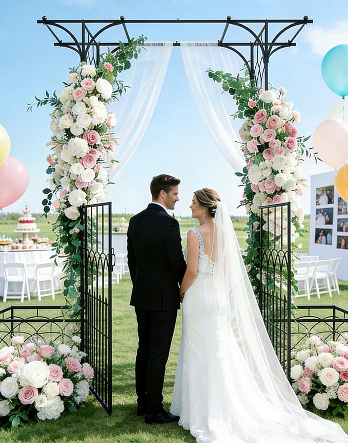 Garden Arbor with Gate and Planter Boxes 79 W x 81 H Metal Garden Arch for Climbing Plants Outdoor Wedding Arches for Ceremony Garden Arbors and Arches for Lawn Patio Backyard