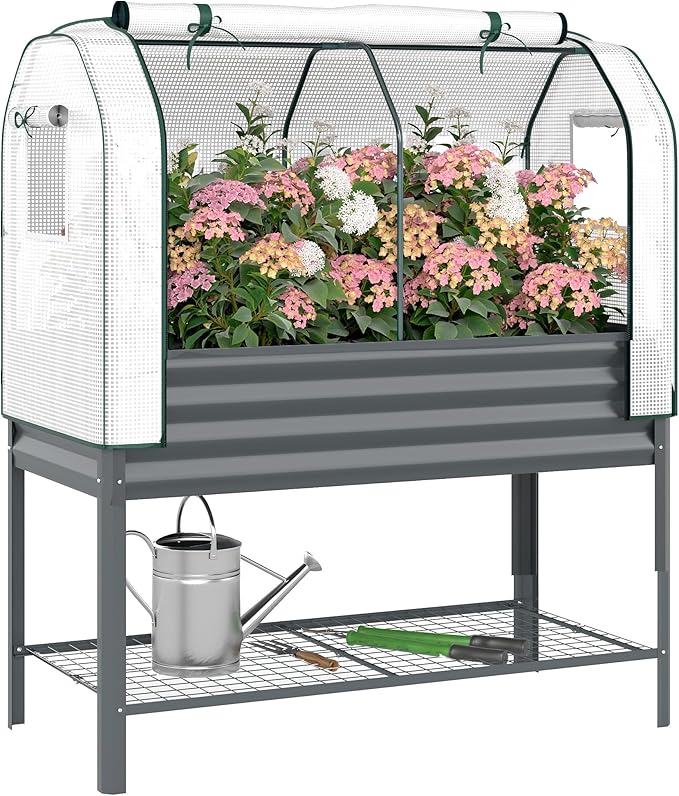 Outsunny Galvanised Raised Garden Bed with Greenhouse Cover Metal Elevated Garden Bed with Legs Bed Liner and Bottom Shelf Outdoor Raised Planter Box for Vegetables Herbs Flowers Dark Gray
