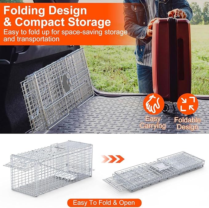 Humane Live Animal Trap 37x14x15inch Large Folding Animal Traps Cage for Raccoons Stray Dogs Armadillos Foxes Coyotes Bobcat Easy to Set &amp Release Live Trap