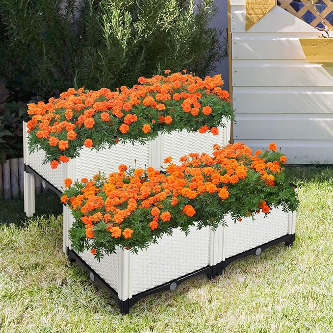 S AFSTAR Raised Garden Bed Kit Set of 4 Elevated Planter Boxes with Self-Watering Design &amp Removable Legs Outdoor Plastic Planter Box for Patio Yard Balcony Gardening Rattan Pattern (White)