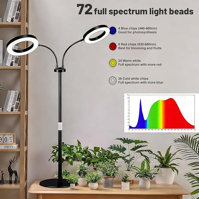 48W LED Grow Light for Indoor Plants Dual-Head Plant Light with Full Spectrum Adjustable Height 23-67 Timer &amp Dimming UV Light for Plants Indoor Grow Lamp for Tall Houseplants