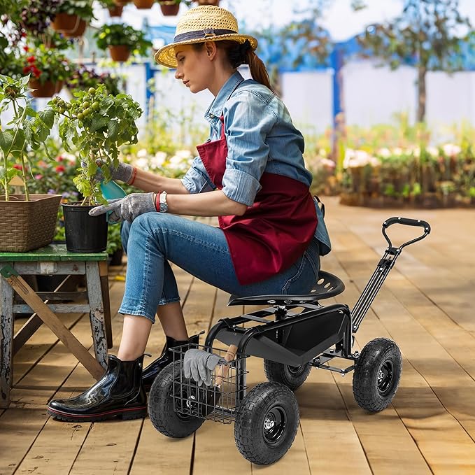 Rolling Garden Cart with 360° Swivel Work Seat Adjustable Height 10 Pneumatic Tires Tool Tray &amp Storage Basket Extendable Handle Reduces Back &amp Spine Strain