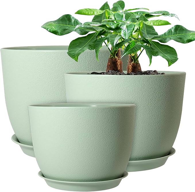 12/10/9 Large Modern Plant Pots Plastic Planters with Drainage Holes and Saucers for Indoor Outdoor Plants Flowers Green