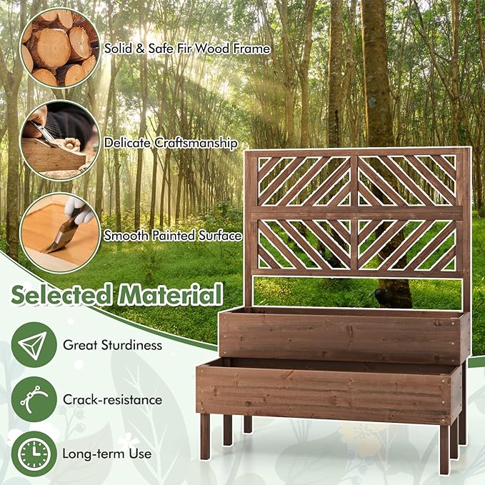 Raised Garden Bed with Trellis 2-Tier Wood Planter Box with Freestanding Legs &amp Drainage Holes Outdoor Raised Garden Bed for Climbing Plant Vine Vegetable