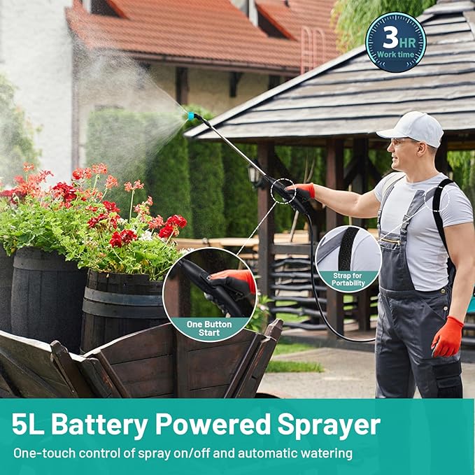 New Upgrade Battery Powered Garden Sprayer with 3 Mist Nozzles 1.35 Gal Lawn Water Sprayer with USB Rechargeable Handle and Telescopic WandPortable Electric Sprayer with Shoulder Strap for Gardening