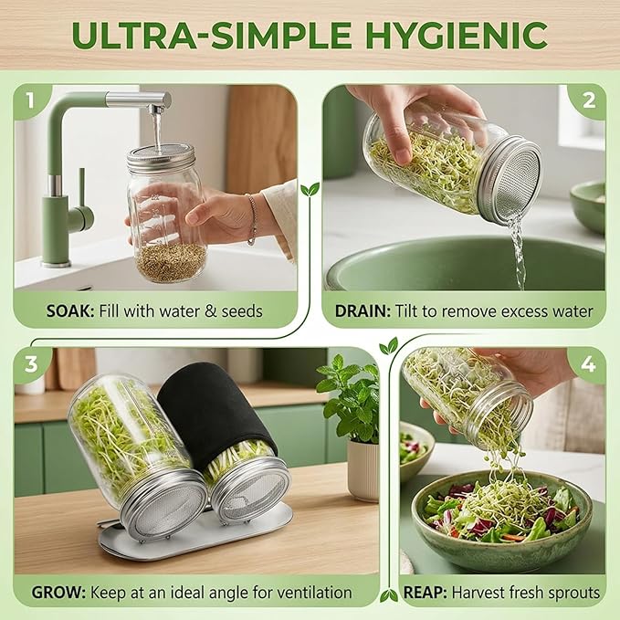 Sprouting Jars Sprouting Jar Kit Complete Seed Jar Kit with Stainless Steel Stand &amp Drip Tray Easy Home Sprout for Microgreens Beans Broccoli