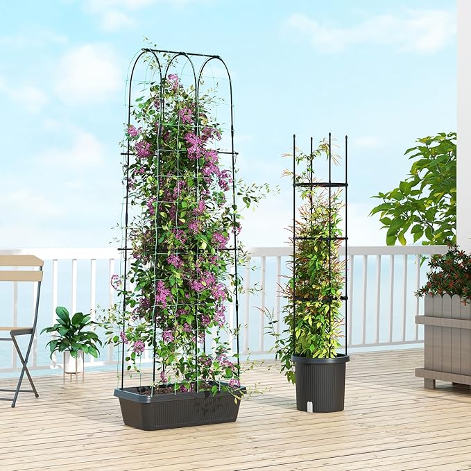 Happygrill 2 Pack Tomato Cage Metal Garden Trellis w/Adjustable Height &amp Self-Watering System for Vines Potted Plants Vegetables Tall Plant Support Tomato Trellis w/Planter Box
