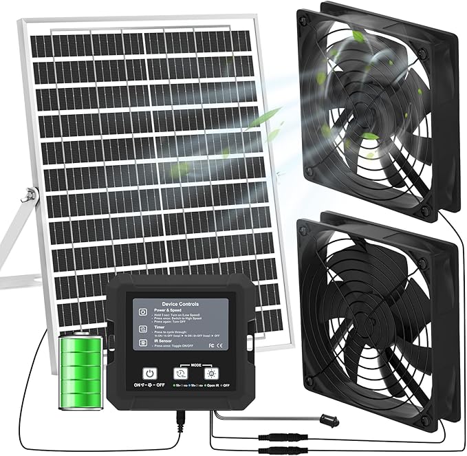 25W Solar Fan for Chicken Coop with Battery Solar Exhaust Fan for Shed &amp Greenhouse 3 Modes Controller (Continuous/Timer/Motion Sensor) Solar Powered Fan for Intake or Exhaust Vent Cooling (Bla