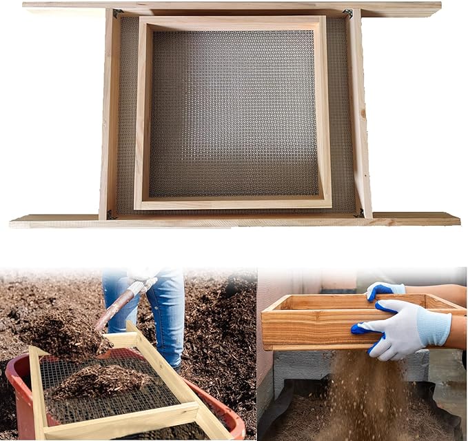 Sifter for Garden 2Pcs Hand Held Multi-Purpose Stainless Compost Soil Screen Dirt Cedar Stainless Garden Sifter Sieve for Compost Sand Rocks Dirt and Potting Soil（2/5+1/4）
