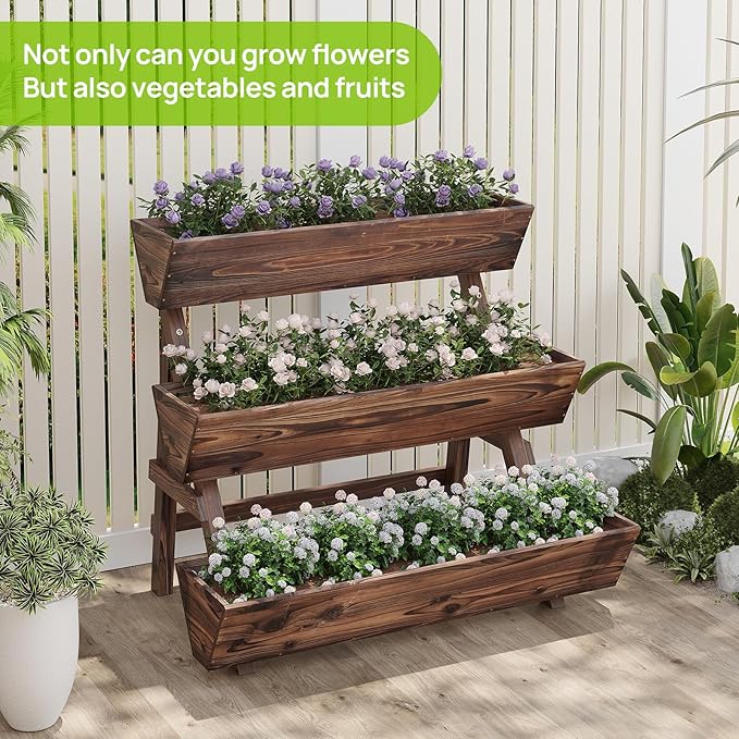 3-Tiers Wooden Raised Garden BedPlanter Box Gardening Outdoor Planter Box Patio Kit Tiered Planter Box Vertical Garden Planter Wood Plant Stand for Patio Balcony Freestanding (Carbonized L)