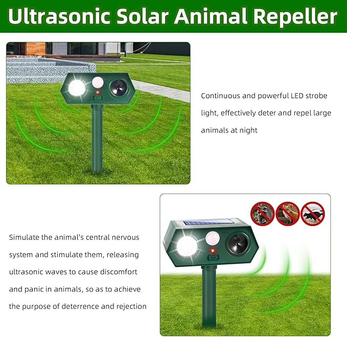 4 Pack Ultrasonic Solar Animal Repellent Cat Deterrent OutdoorDeer Repellent with Motion Sensor Strobe LightWaterproof Animal Repeller for Raccoon Squirrel Rabbit Dog SkunkYard Garden Protection
