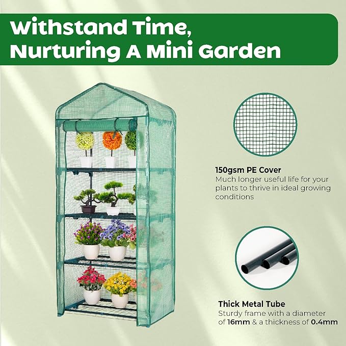 Idzo Mini Greenhouse for Indoor Outdoor Small Plastic Plant Green House 4-Tier Rack Stand Portable Greenhouses with Durable PE Cover for Seedling