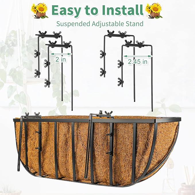 Tessco for you 6 Pieces Railing Planter Boxes 24 Inches Window Box Planters with Coco Liner and Adjustable Brackets for Deck Porch Fence Patio Balcony Gardening Outdoor Plants
