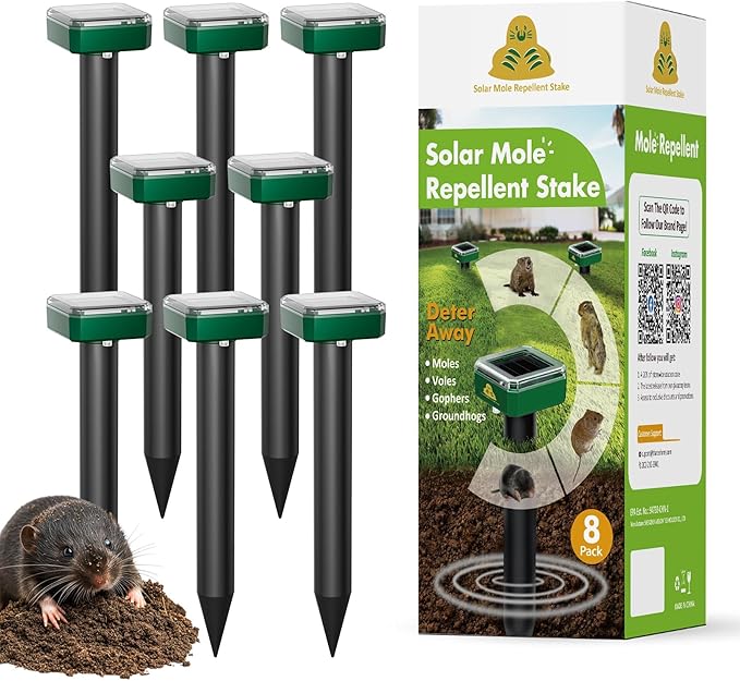 4 Pack Mole Repellent Solar Powered Vibrating Solar Mole Repellent Stakes for Voles Groundhogs Snakes &amp Gophers IP65 Waterproof Mole Deterrent for Yard Farm Lawn &amp Garden