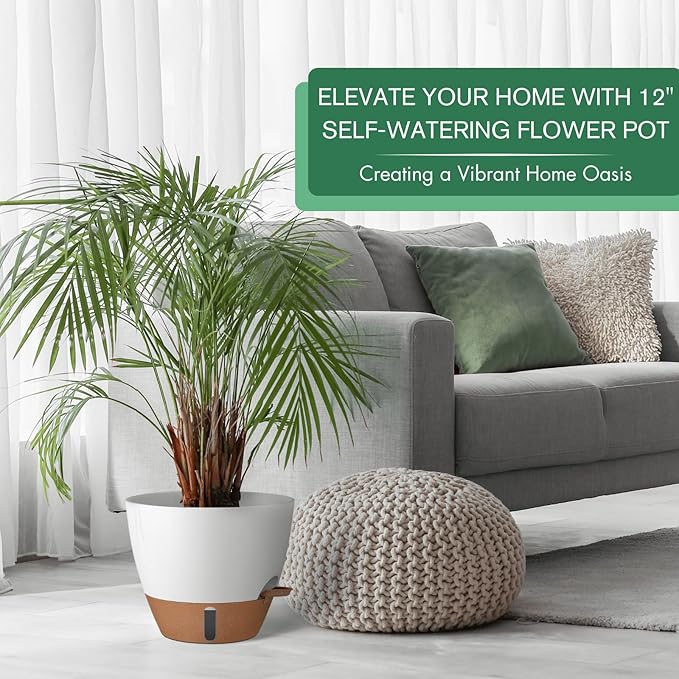 montresor 12/10/8 Inch Self Watering Pots for Indoor Plants Plastic Large Pot for Outdoor Plants Water Level Window &amp Spacious Reservoir Flower Pots Decorative Planter with Drainage and Tray (Whi