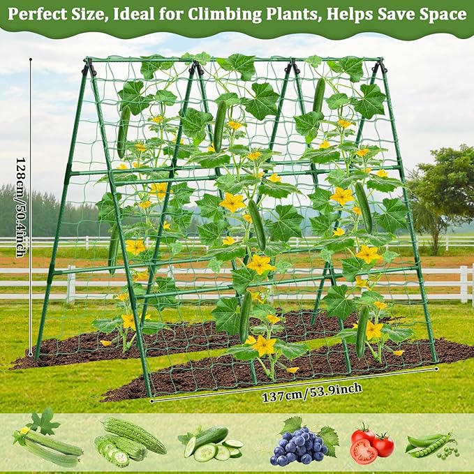 Cucumber Trellis for Raised Bed 50x 54 inch A-Frame Garden Trellis for Climbing Plants Outdoor Metal Arch Trellis with Netting Vegetables Trellis for Grape Pea Bean