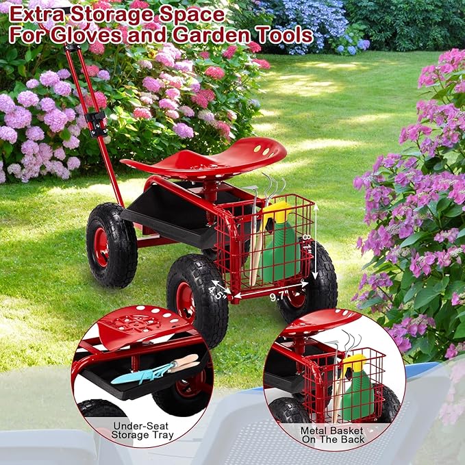 Rolling Garden Work Seat with Wheels Gardening Stool for Planting 360 Degree Swivel Seat Garden Scooter with Steering Handle &amp Tool Tray. (Garden Seat with Handle)