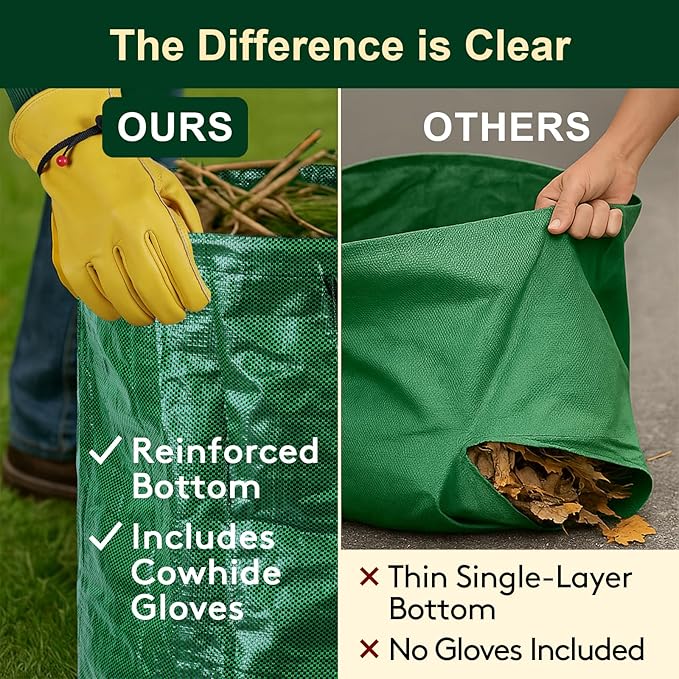 72 Gallon Reusable Yard Waste Bags (3 Pack) Heavy Duty Stand-Up Leaf &amp Lawn Bags 150 GSM Woven PP (PE Coated) Double-Layer Bottom Top &amp Bottom Reinforced Handles Cowhide Gloves Included