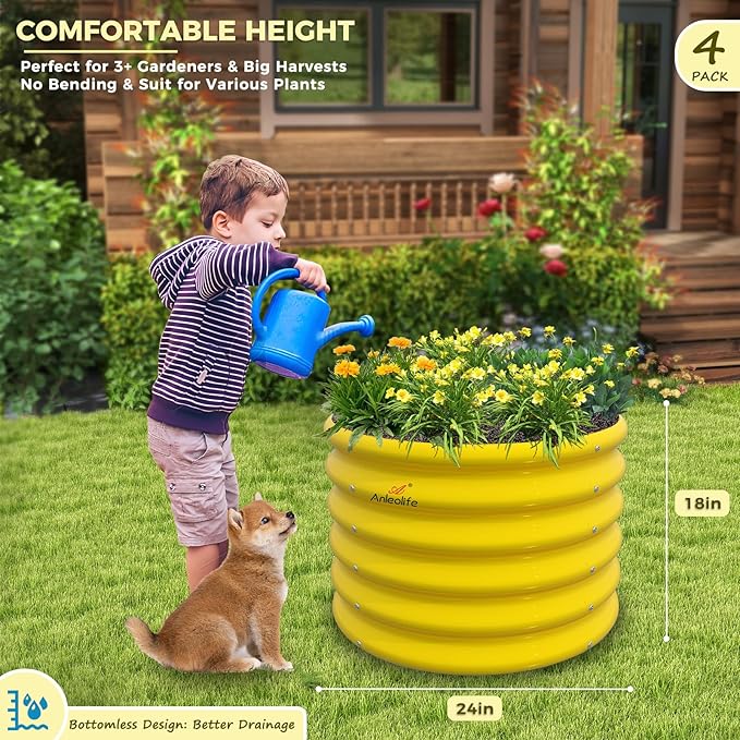 A ANLEOLIFE Kids Mini Raised Garden Beds Outdoor (4-Pack)-24x24x18in Round Galvanized Metal Planter Box for Planting Vegetables Flowers Fruits Eco-Safe &amp Easy Setup Sunlit Gold