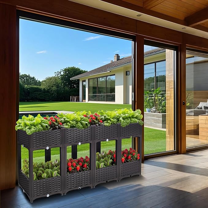 Outdoor Planting Box Double-Layer Planting Bed Garden Bed with Flower Rack for Growing Flowers Vegetables Tomatoes and Herbs – Perfect for Garden Patio Balcony (Double Brown Large)