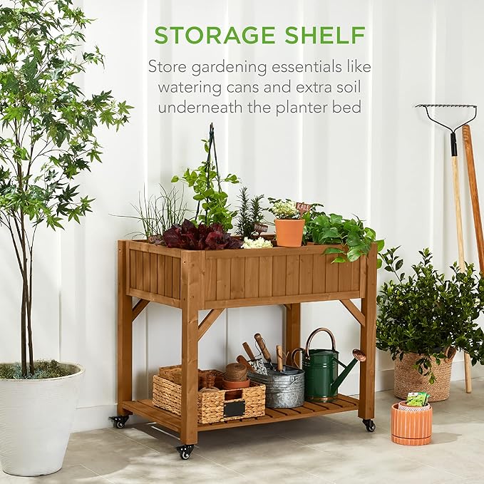 Best Choice Products Elevated 8 Pocket Herb Garden Bed Mobile Raised Customizable Wood Planter for Herbs Vegetables Flowers w/Lockable Wheels Storage Shelf Drainage Holes - Acorn Brown