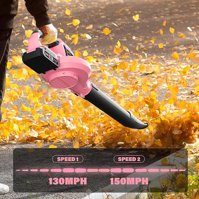 SOYUS Leaf Blower 20V Leaf Blower Cordless with 2x2.0Ah Battery and Charger 150 MPH Electric Leaf Blowers with Two-Speed Mode Blowers for Lawn Care Debris Dust Cleaning（Pink）