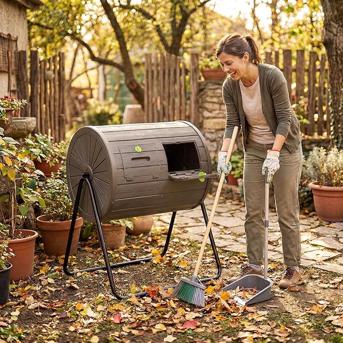 Goplus Compost Tumbler 37.5 Gallon Large Outdoor Compost Bin w/Dual Chambers 2 Lockable Doors Efficient 360° Rotating Batch Composter for Garden Yard Farm Waste Easy Assembly BPA-Free (Coffee)