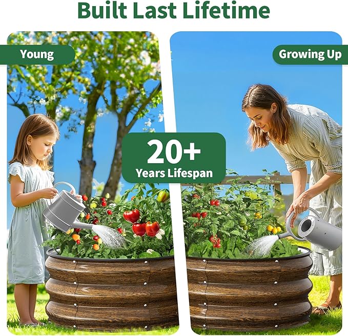 Kesfitt Round Metal Raised Garden Bed 2x2x1 FT 12-Inch Deep Galvanized Steel Garden Bed with Open Bottom for Vegetables &amp Herbs Walnut Finish 3 Pack